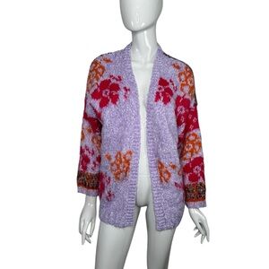 &Merci Cardigan Sweater Womens Size Small Purple Red Orange Open Front Floral